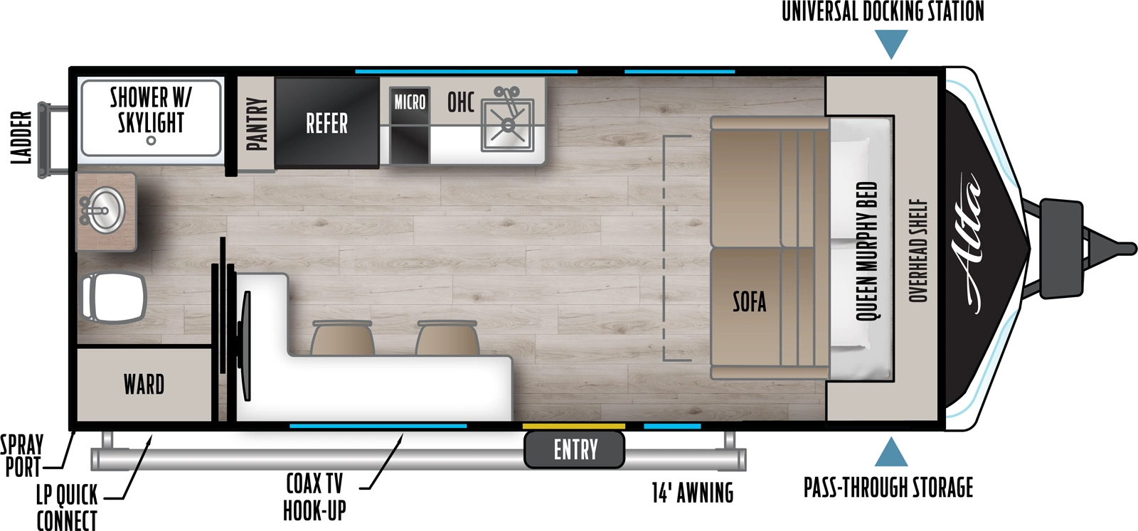 The Alta 1600MRB-LE floorplan has one entry and zero slide outs. Exterior features include: fiberglass exterior and 14' awning. Interiors features include: front bedroom, murphy bed, front living and rear bathroom.